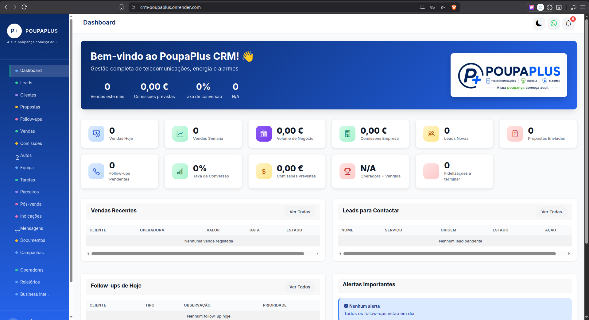 Dashboard do PoupaPlus CRM